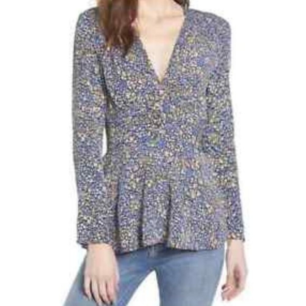 Leith Ditsy Floral Long Sleeve Peplum V-Neck Blouse Size Small